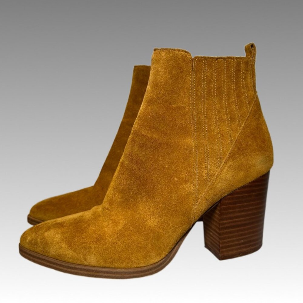 MARC FISHER LTD Suede Alva Bootie Tan 9M | Chelsea Pull-on Block Heel